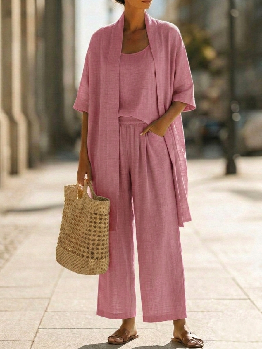 Set minimalista da donna in lino e cotone composto da tre pezzi - un comodo outfit per tutti i giorni