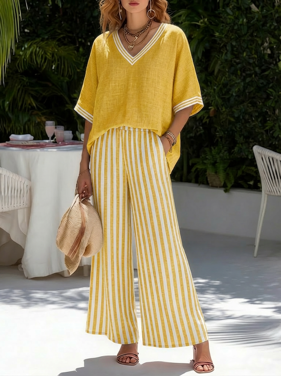Completo da donna in lino e cotone a righe con top patchwork e pantaloni