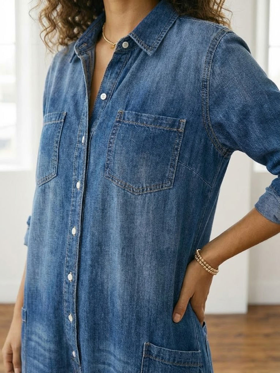 Tuta Donna in Denim Scuro Lavato – Stile Utility Casual con Bottoni