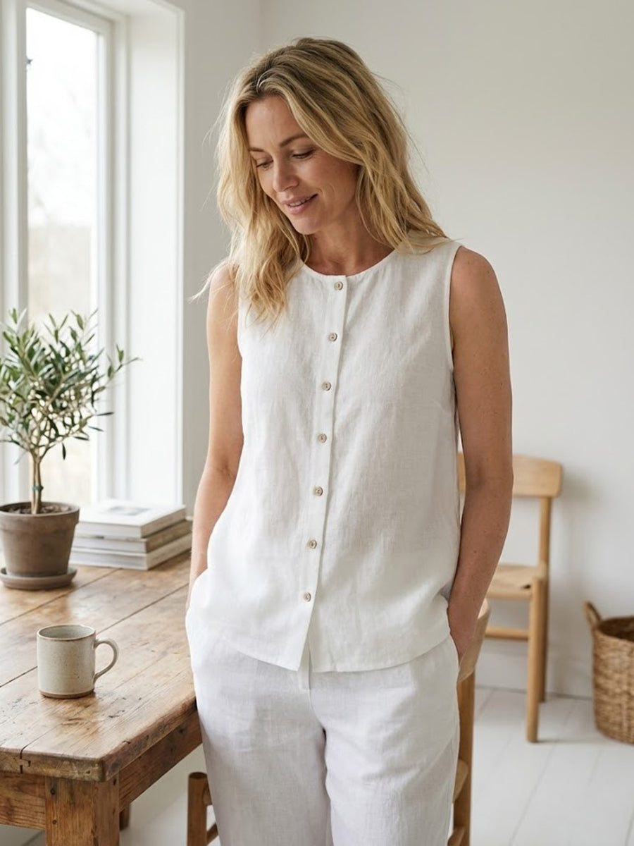 Top Donna in Lino con Bottoni – Stile Casual Leggero Estivo