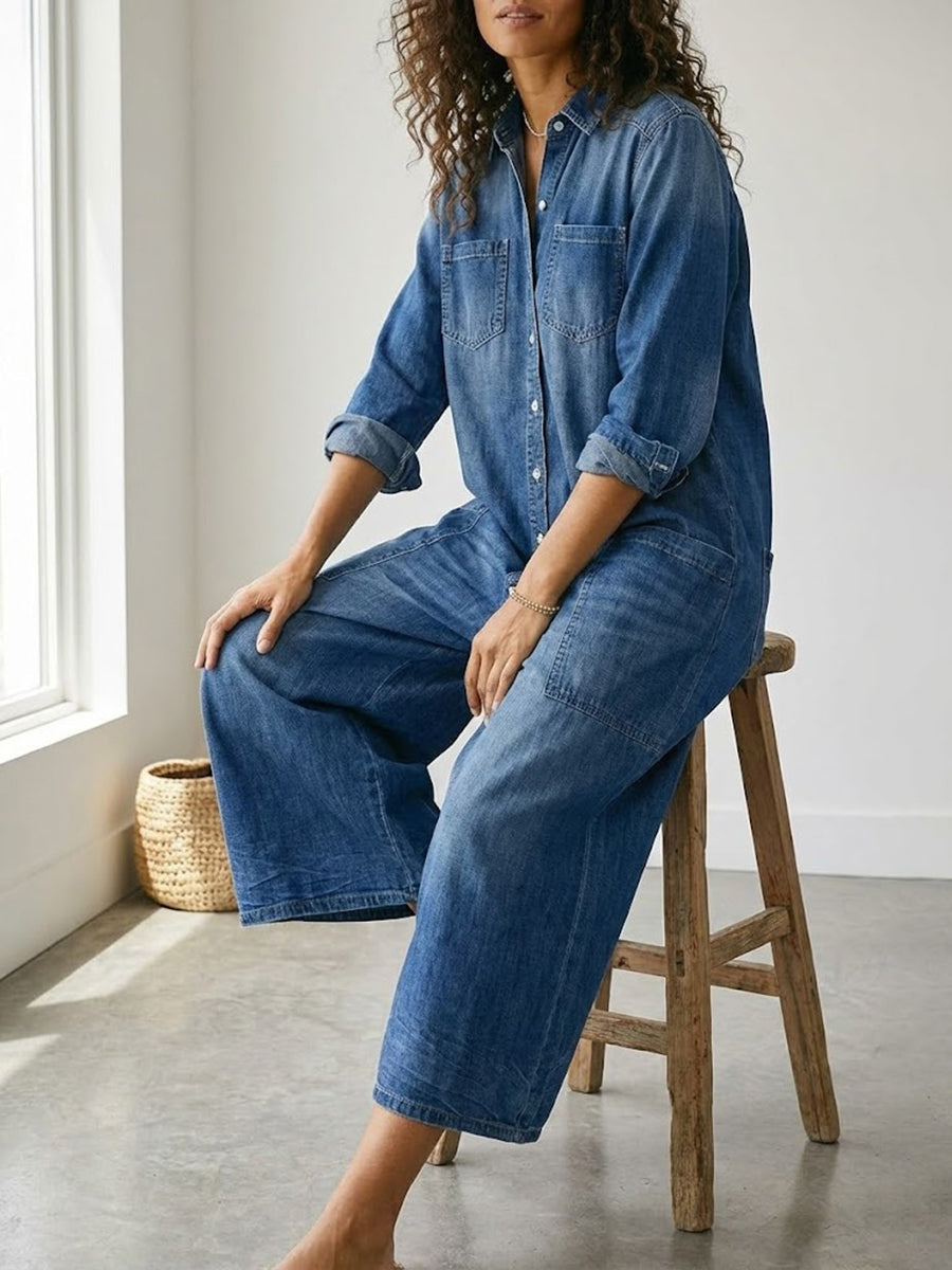 Tuta Donna in Denim Scuro Lavato – Stile Utility Casual con Bottoni
