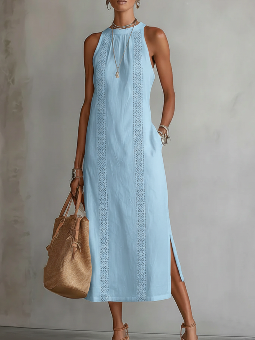 Abito midi estivo da donna con collo mao – Vestito leggero e naturale