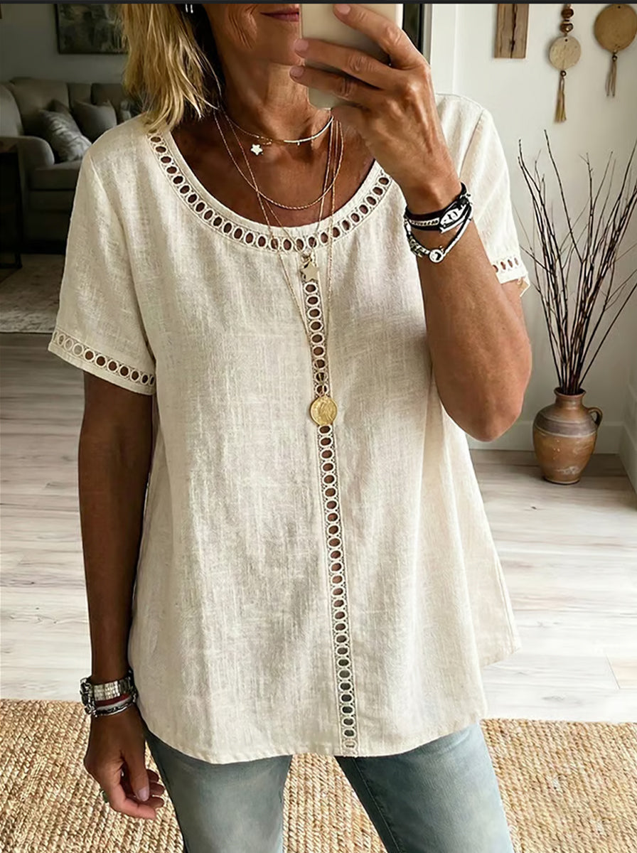 Top da donna in lino e cotone patchwork con trafori