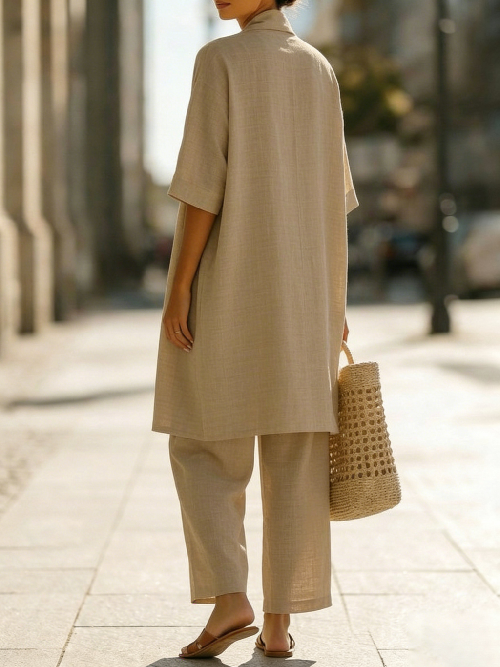 Set minimalista da donna in lino e cotone composto da tre pezzi - un comodo outfit per tutti i giorni
