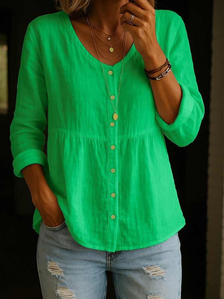 Camicia da donna in misto lino e cotone – Blusa casual ampia con maniche a 3/4 e scollo rotondo