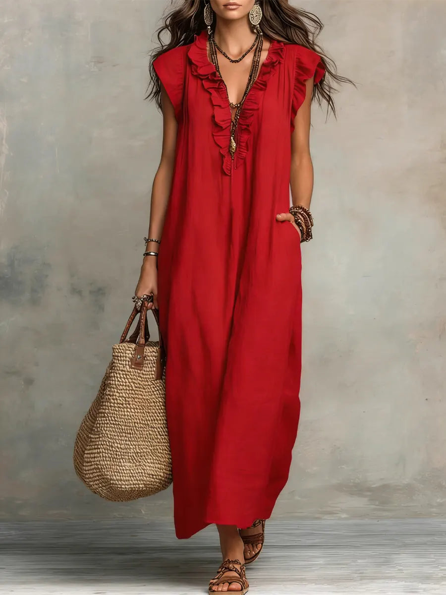 Abito casual da donna in cotone e lino con volant