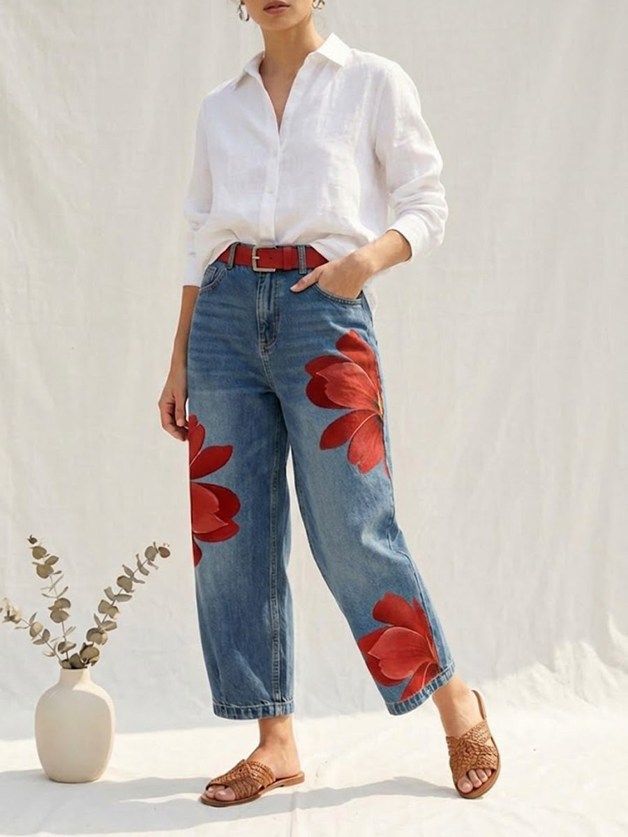 Jeans donna a fiori gamba ampia - Originali e casual