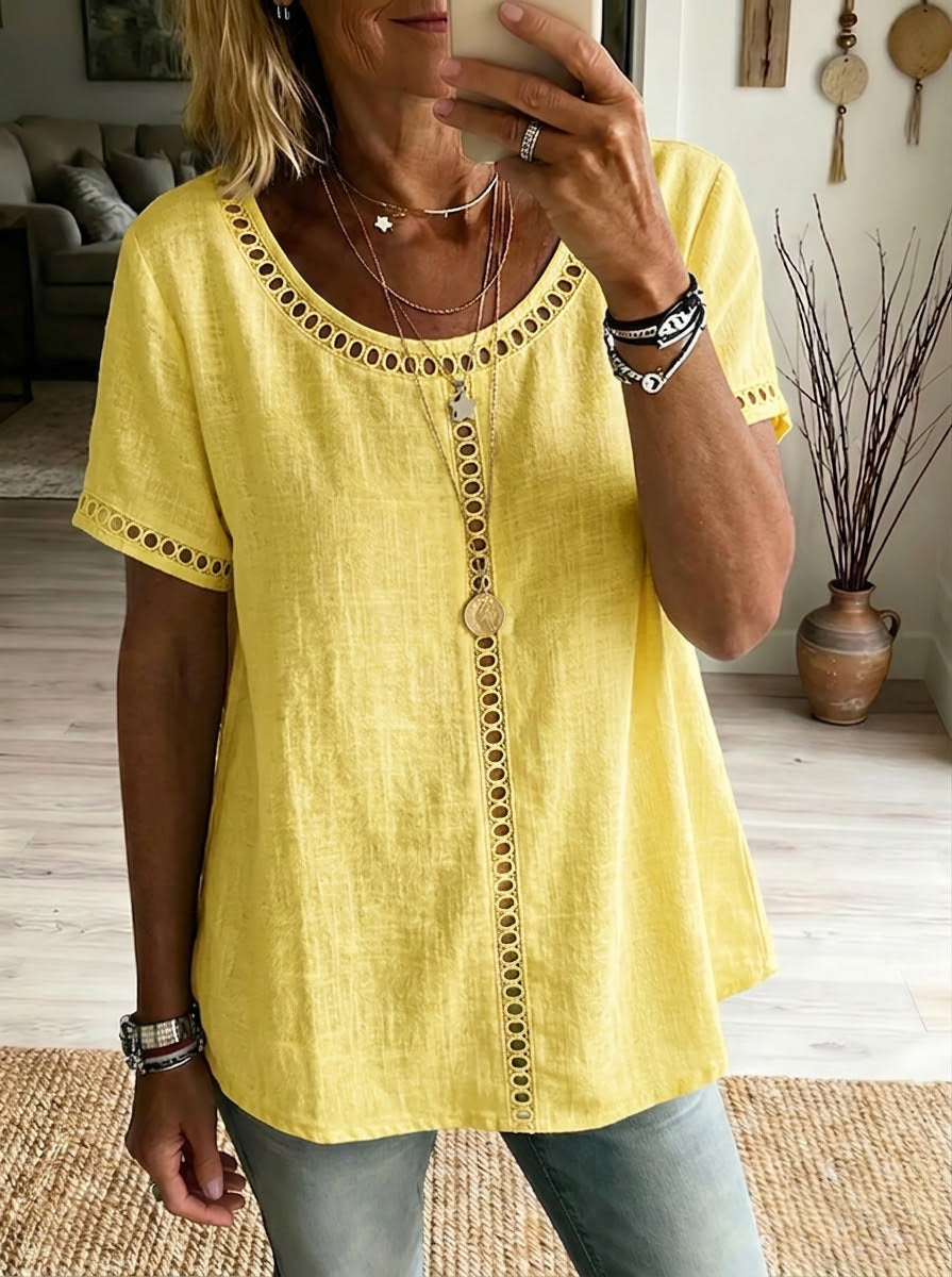 Top da donna in lino e cotone patchwork con trafori