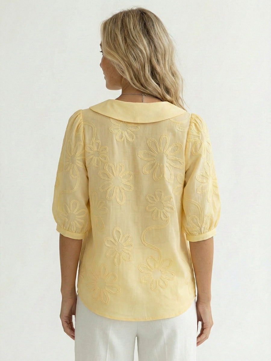 Camicia Donna Vintage Colletto Peter Pan – Ricamo Floreale Stile Casual Elegante