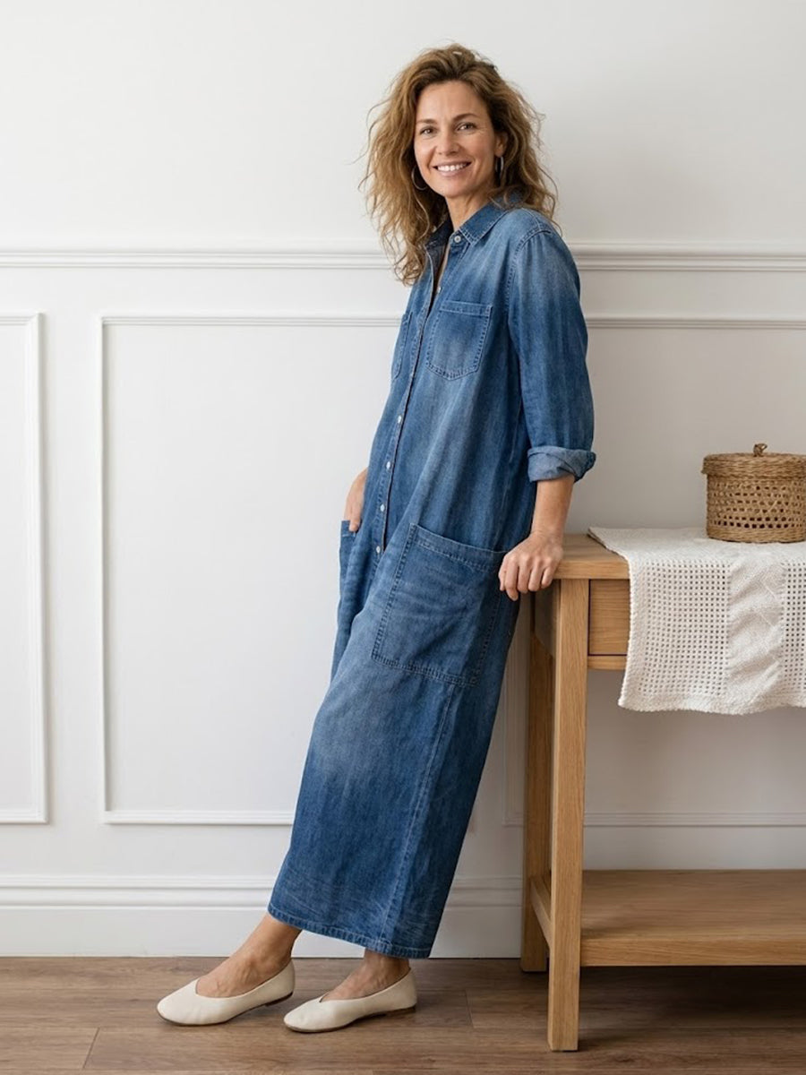 Tuta Donna in Denim Scuro Lavato – Stile Utility Casual con Bottoni