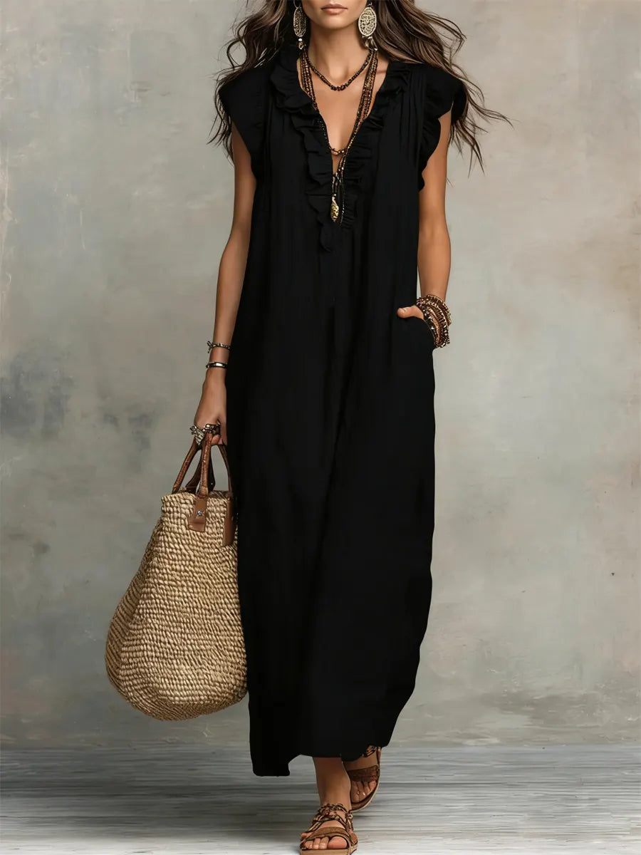 Abito casual da donna in cotone e lino con volant