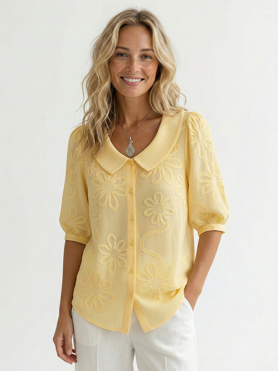 Camicia Donna Vintage Colletto Peter Pan – Ricamo Floreale Stile Casual Elegante