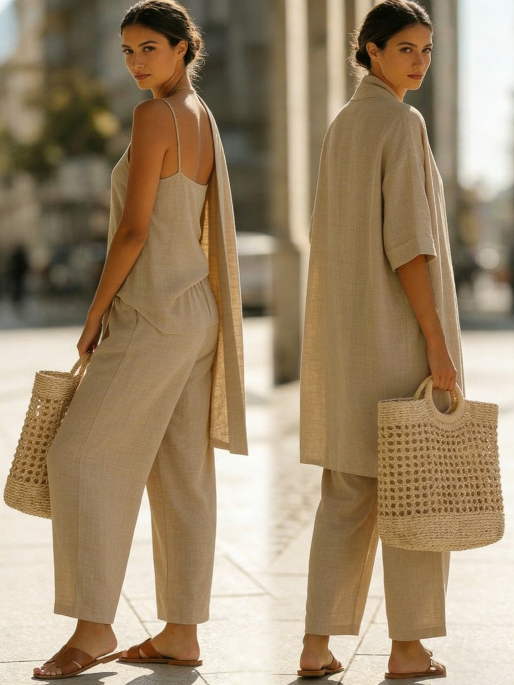 Set minimalista da donna in lino e cotone composto da tre pezzi - un comodo outfit per tutti i giorni