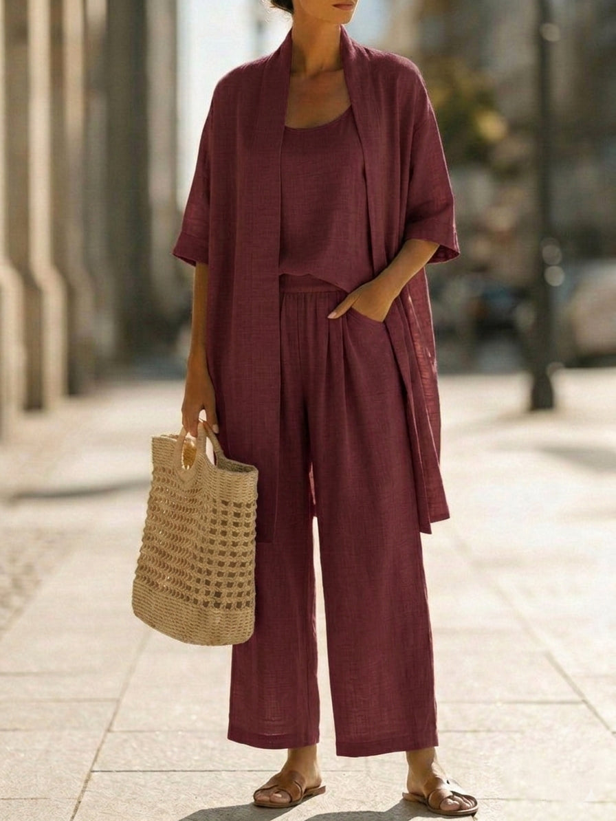 Set minimalista da donna in lino e cotone composto da tre pezzi - un comodo outfit per tutti i giorni
