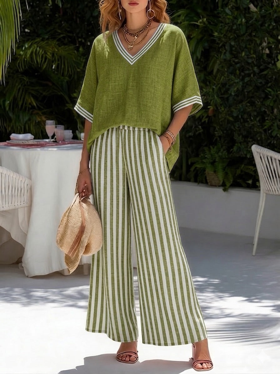 Completo da donna in lino e cotone a righe con top patchwork e pantaloni