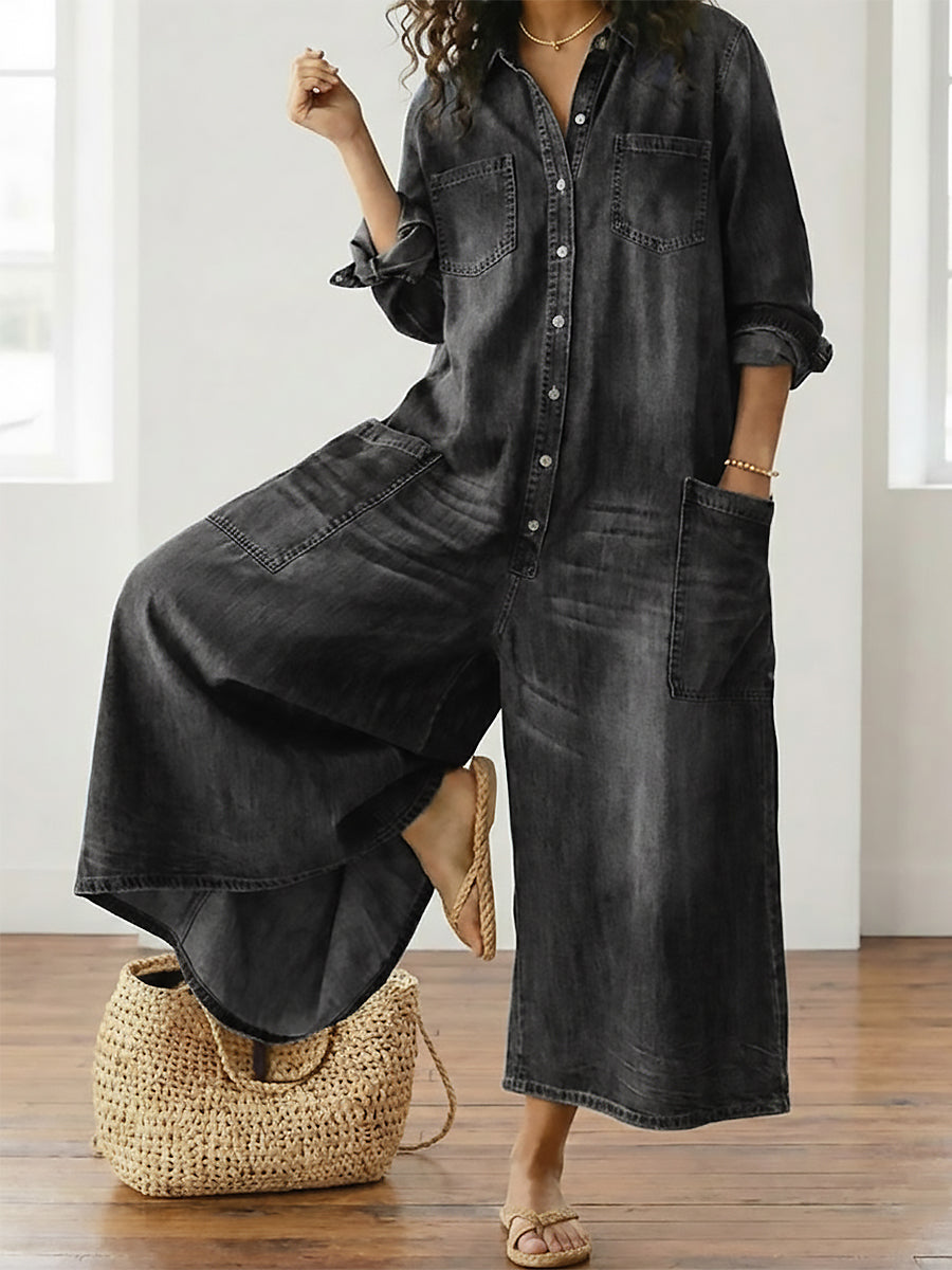 Tuta Donna in Denim Scuro Lavato – Stile Utility Casual con Bottoni