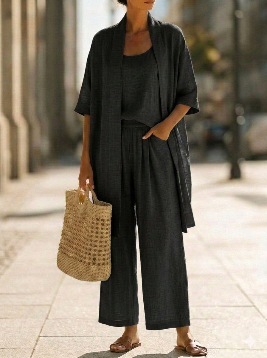 Set minimalista da donna in lino e cotone composto da tre pezzi - un comodo outfit per tutti i giorni