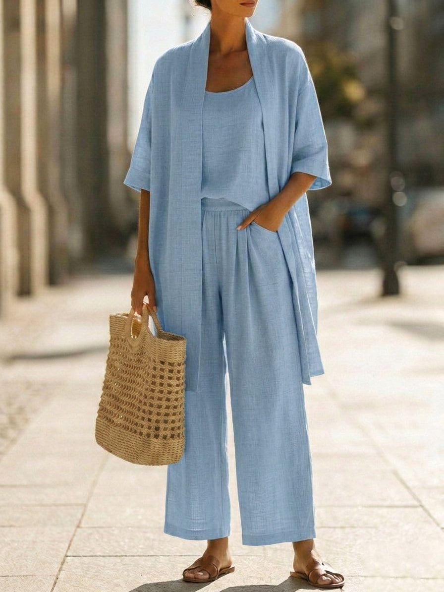 Set minimalista da donna in lino e cotone composto da tre pezzi - un comodo outfit per tutti i giorni