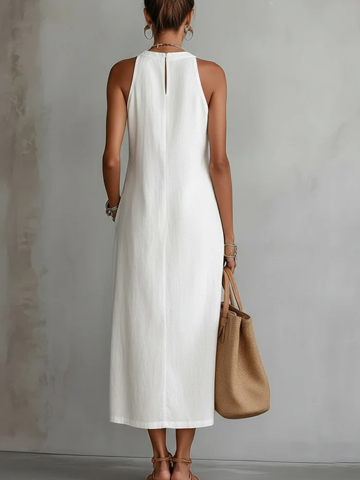 Abito midi estivo da donna con collo mao – Vestito leggero e naturale