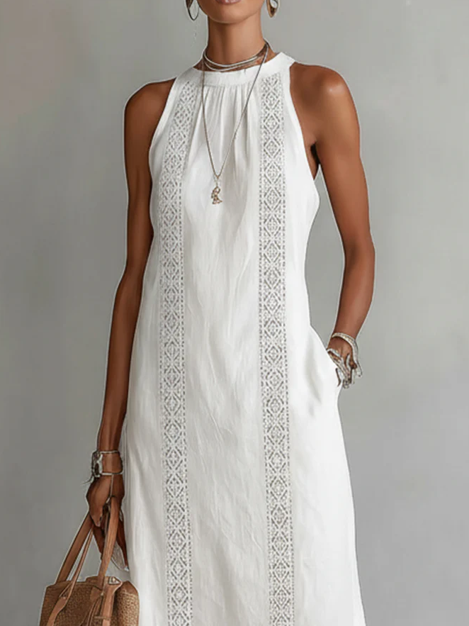 Abito midi estivo da donna con collo mao – Vestito leggero e naturale