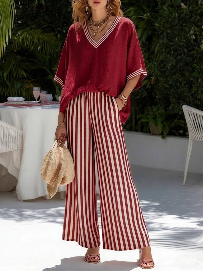 Completo da donna in lino e cotone a righe con top patchwork e pantaloni