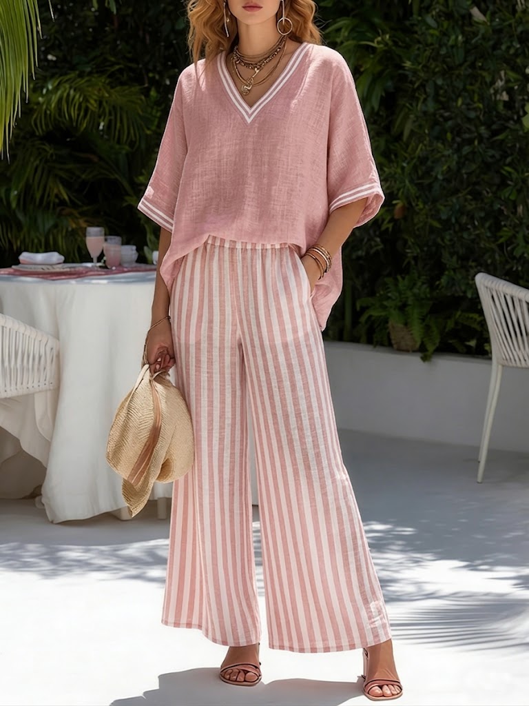 Completo da donna in lino e cotone a righe con top patchwork e pantaloni