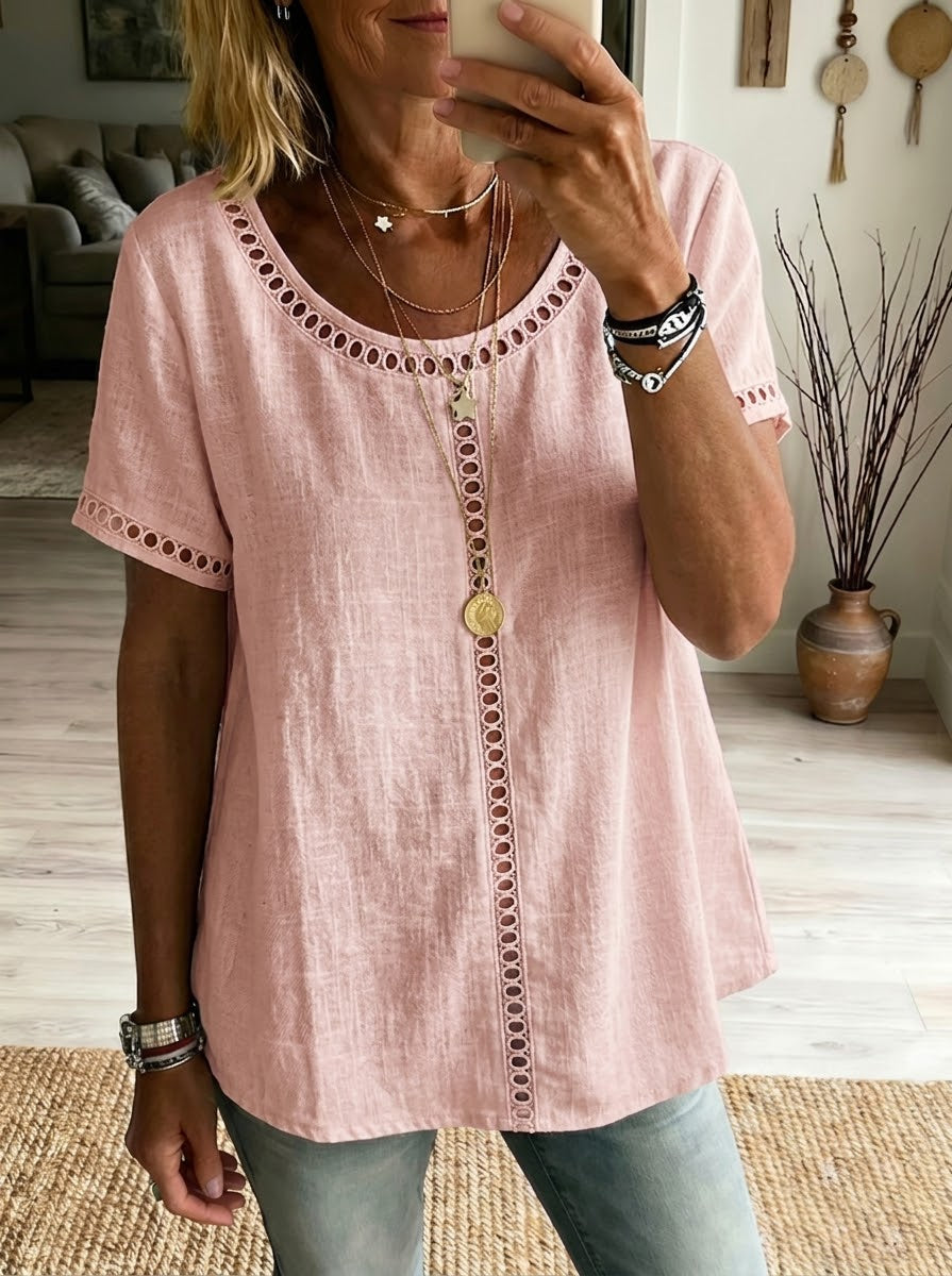 Top da donna in lino e cotone patchwork con trafori