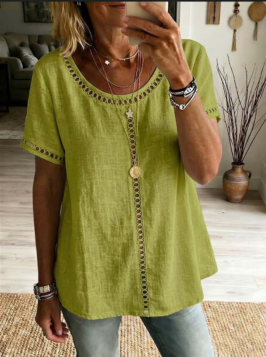 Top da donna in lino e cotone patchwork con trafori