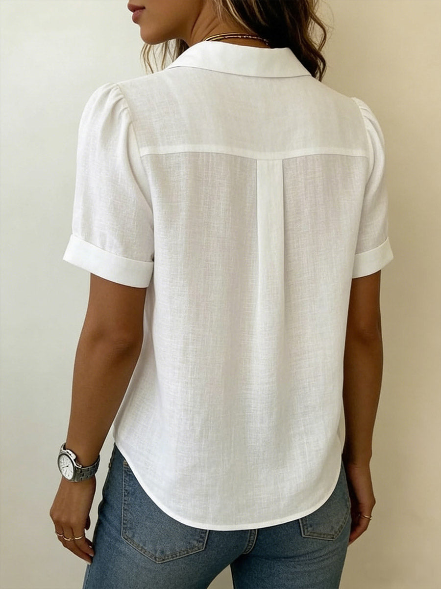 Camicia da donna in cotone e lino a maniche corte con colletto