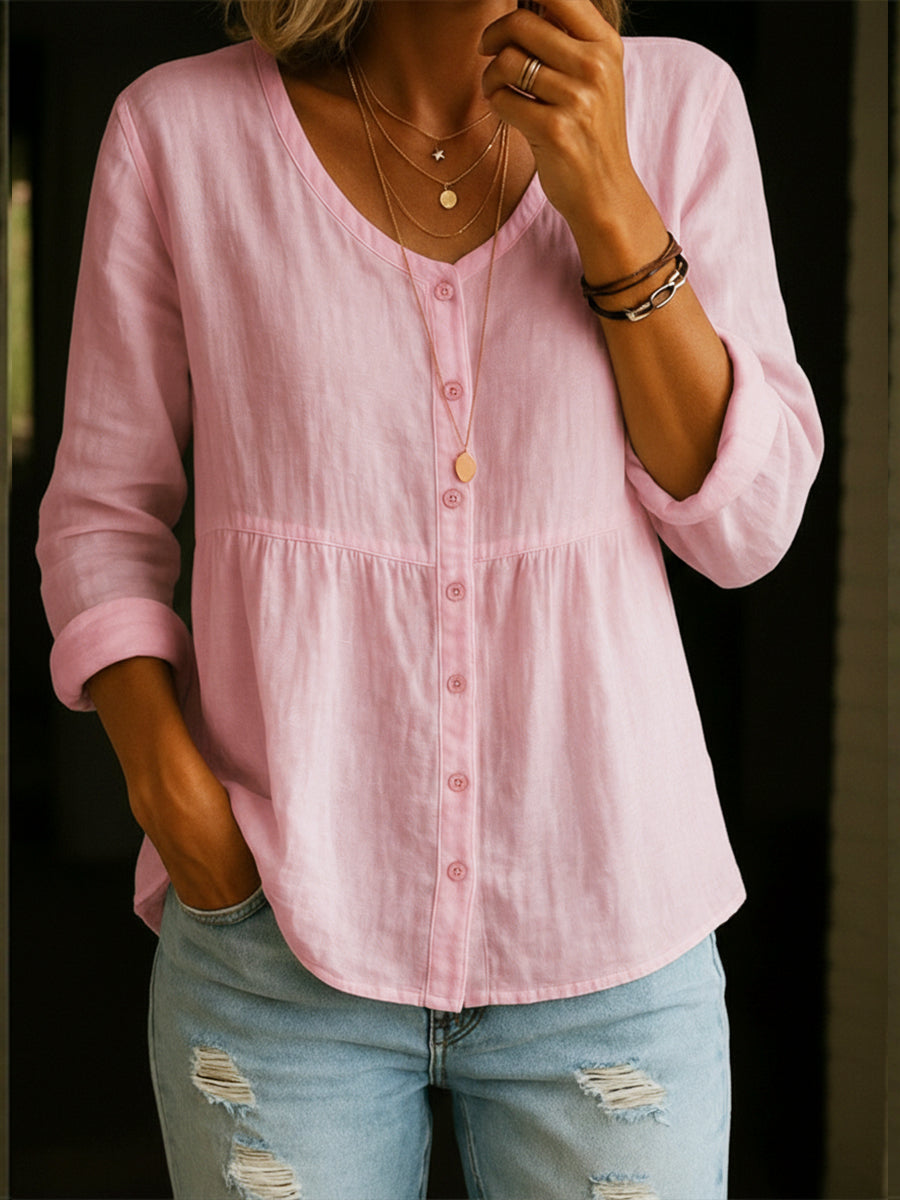 Camicia da donna in misto lino e cotone – Blusa casual ampia con maniche a 3/4 e scollo rotondo