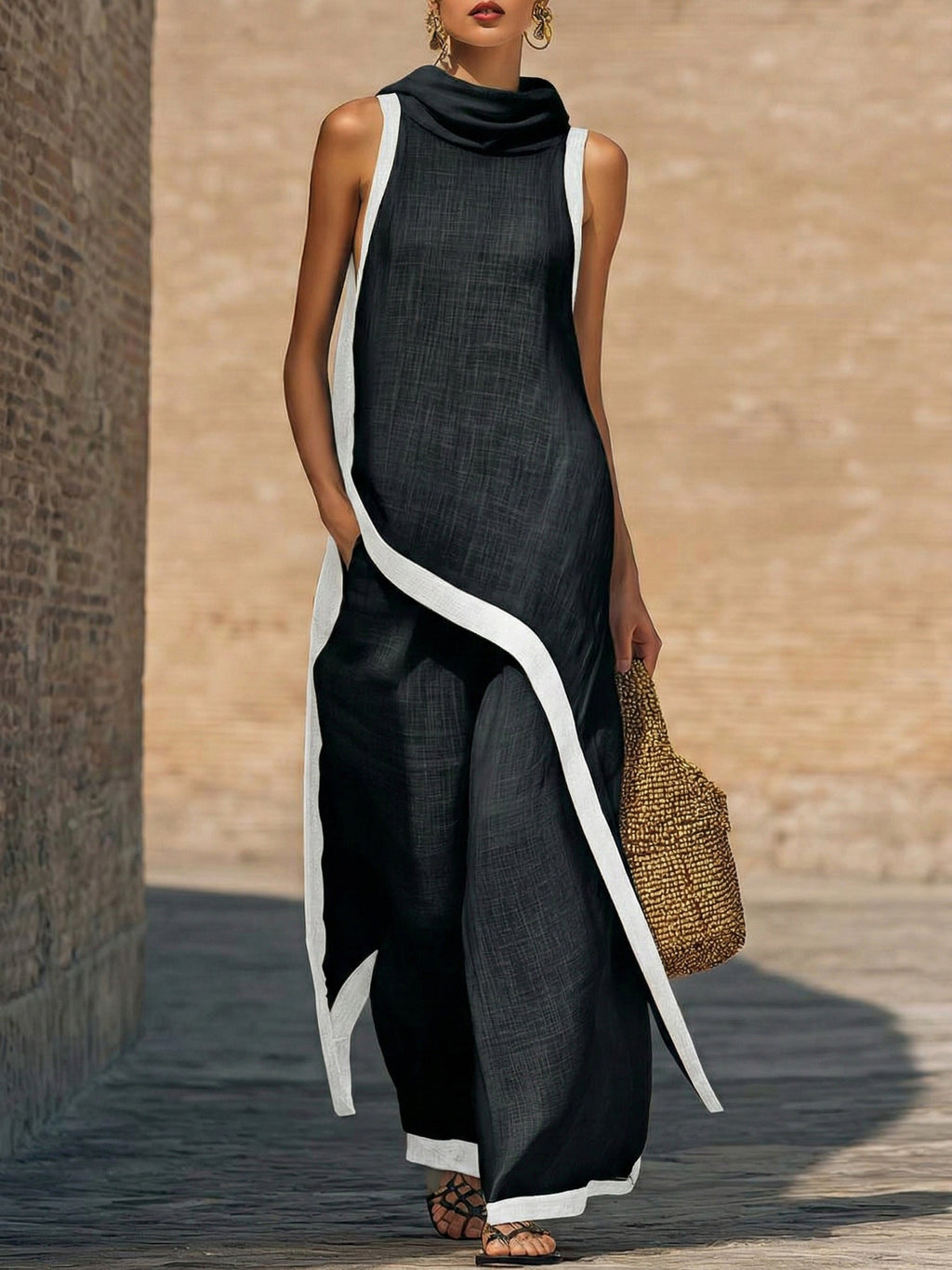 Completo elegante da donna in lino e cotone con finiture artistiche