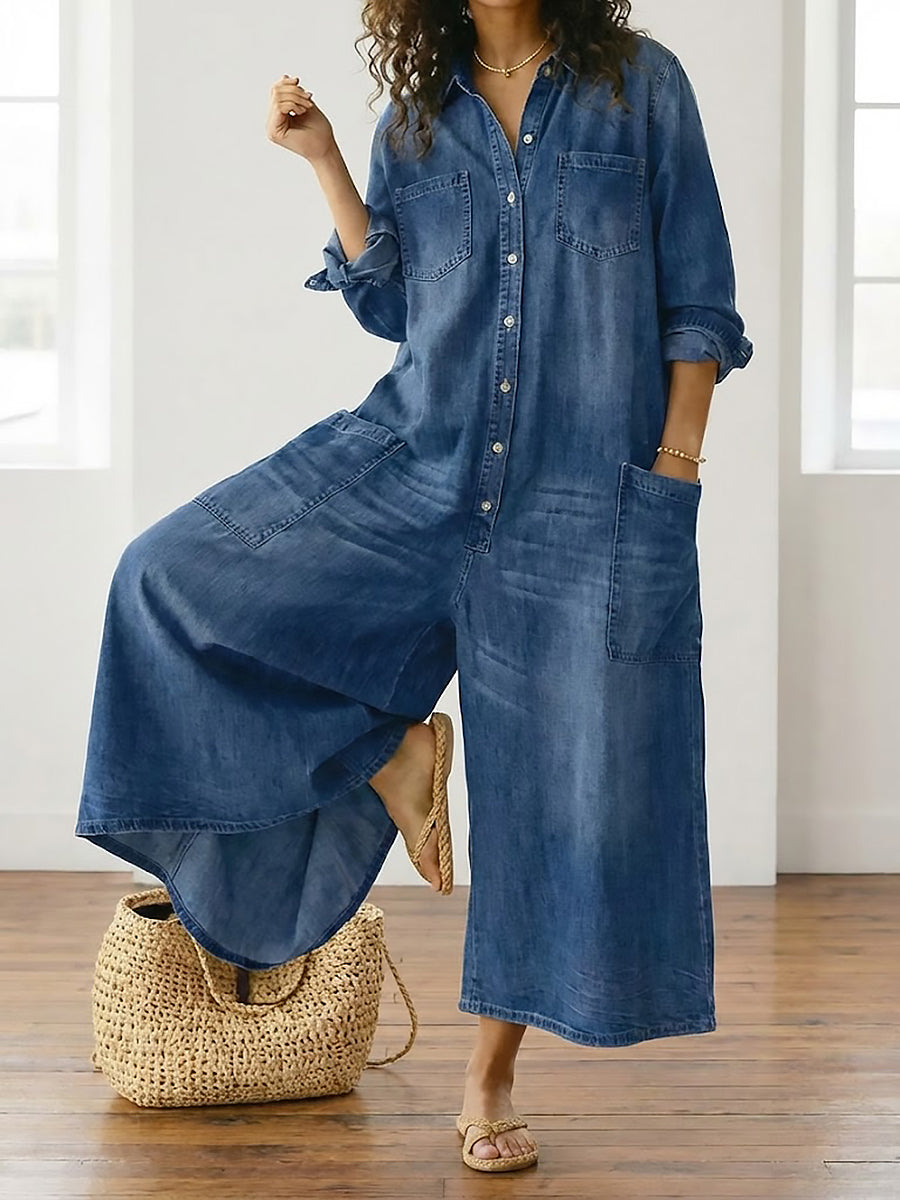 Tuta Donna in Denim Scuro Lavato – Stile Utility Casual con Bottoni