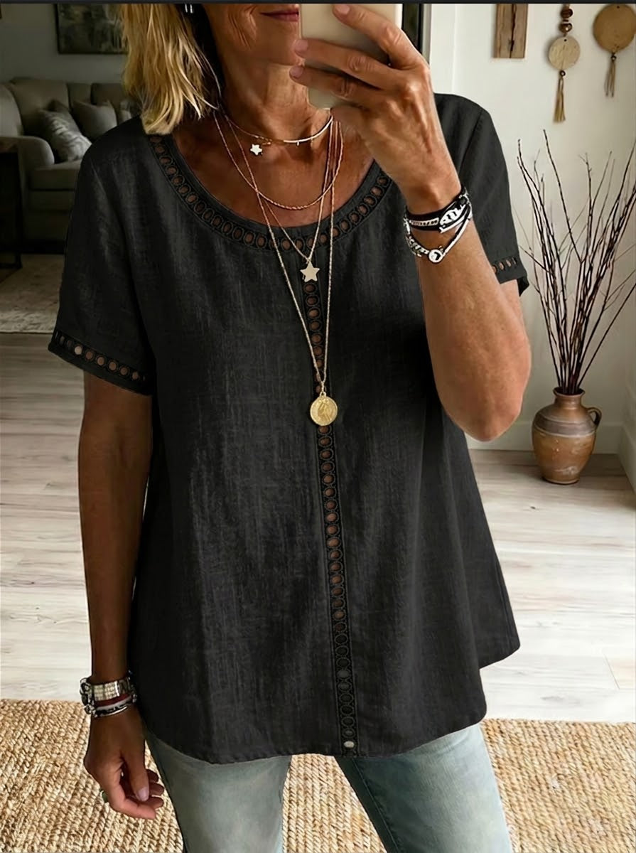 Top da donna in lino e cotone patchwork con trafori