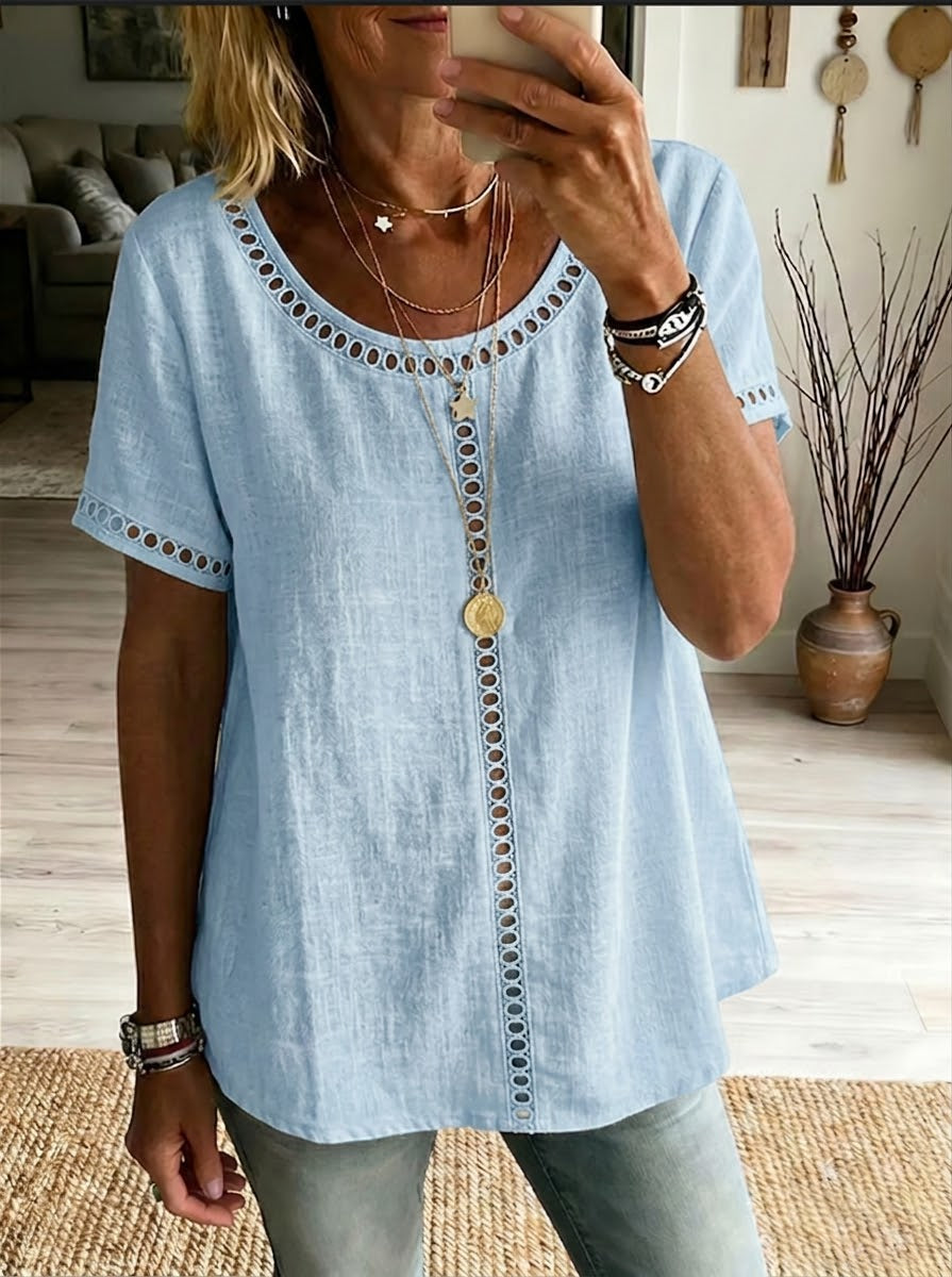 Top da donna in lino e cotone patchwork con trafori