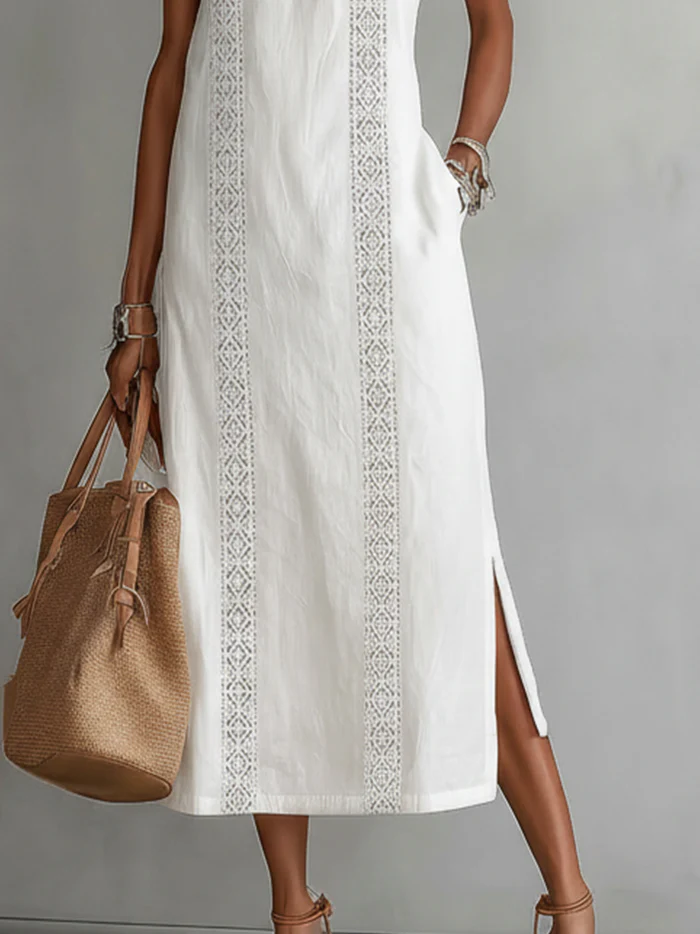 Abito midi estivo da donna con collo mao – Vestito leggero e naturale