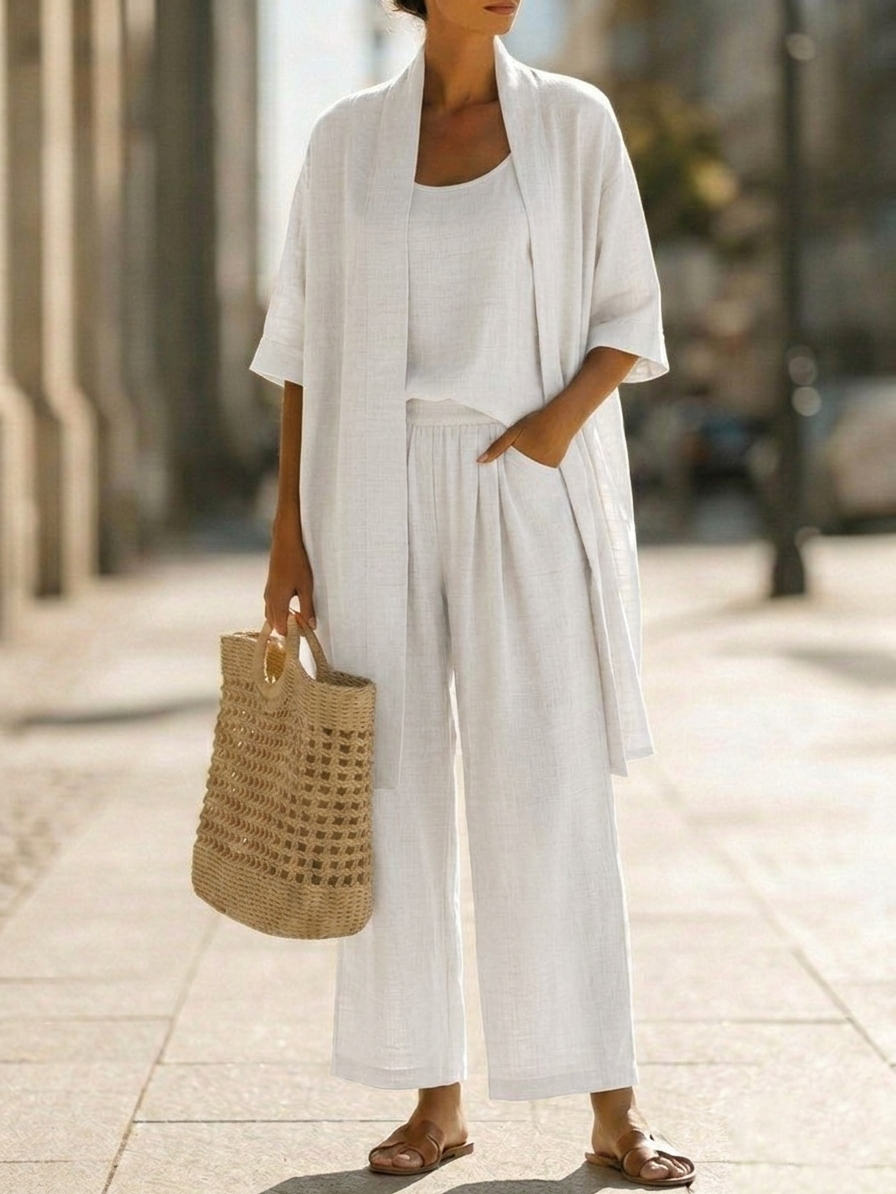 Set minimalista da donna in lino e cotone composto da tre pezzi - un comodo outfit per tutti i giorni