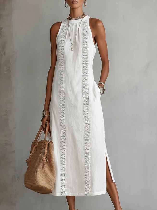 Abito midi estivo da donna con collo mao – Vestito leggero e naturale