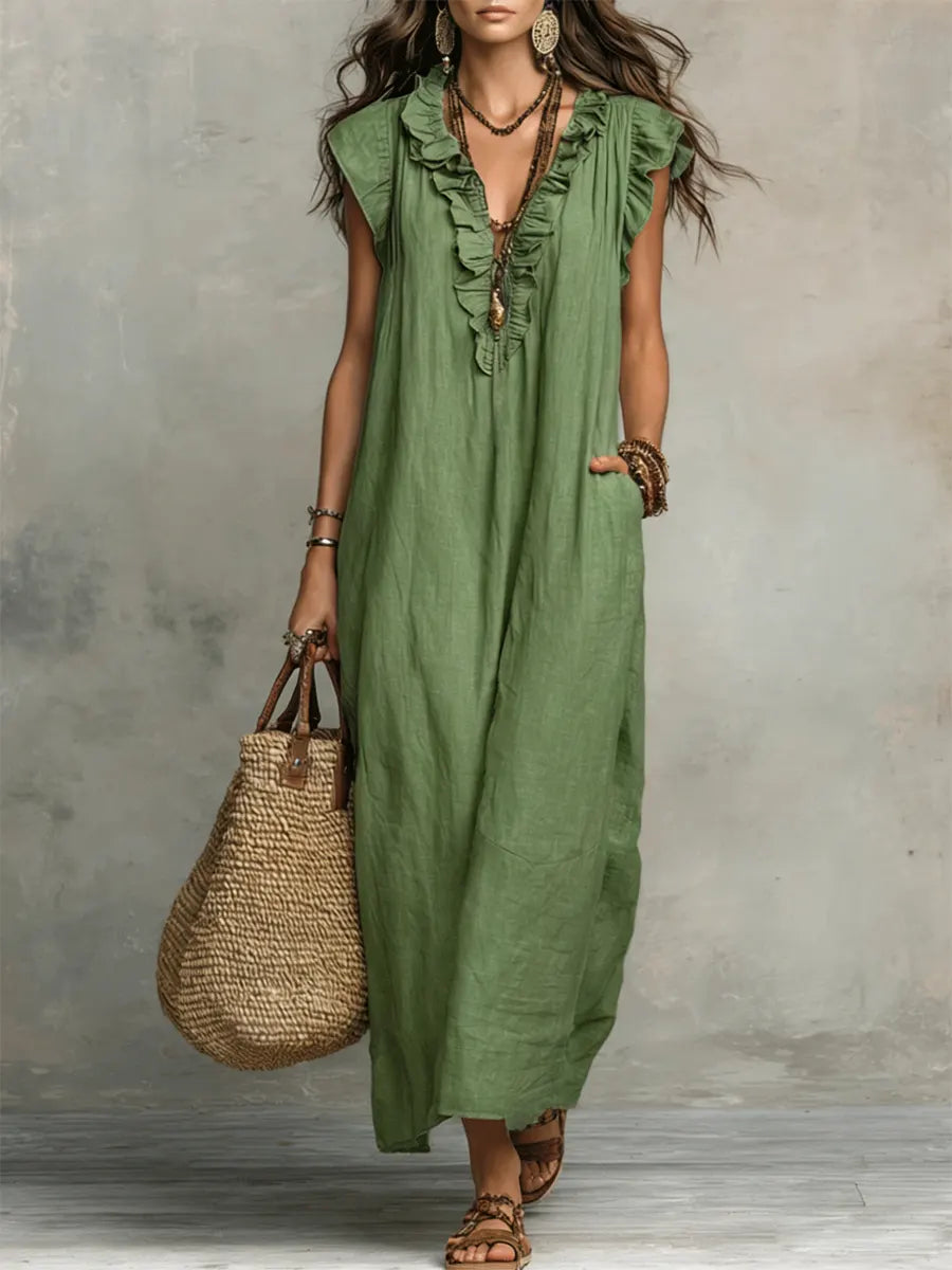 Abito casual da donna in cotone e lino con volant