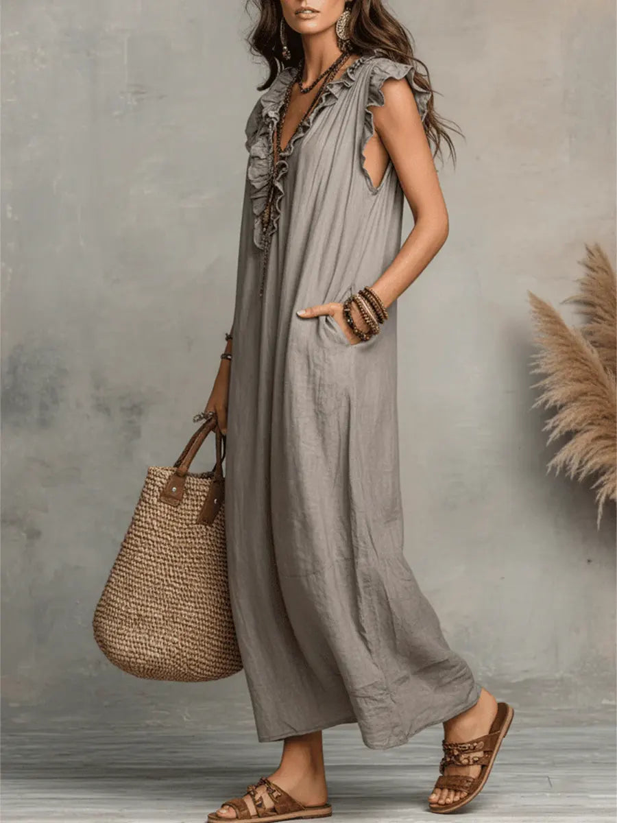 Abito casual da donna in cotone e lino con volant