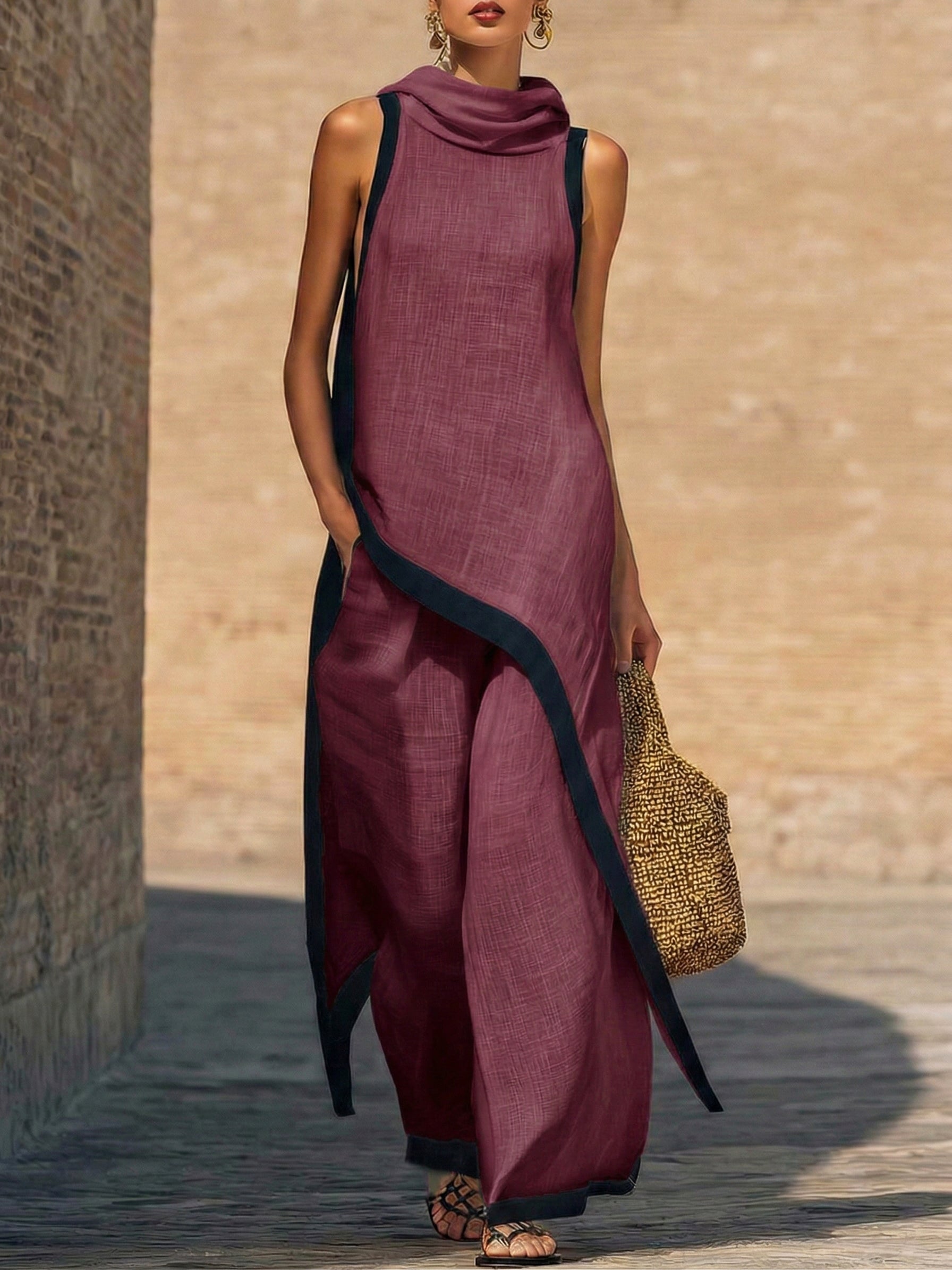 Completo elegante da donna in lino e cotone con finiture artistiche