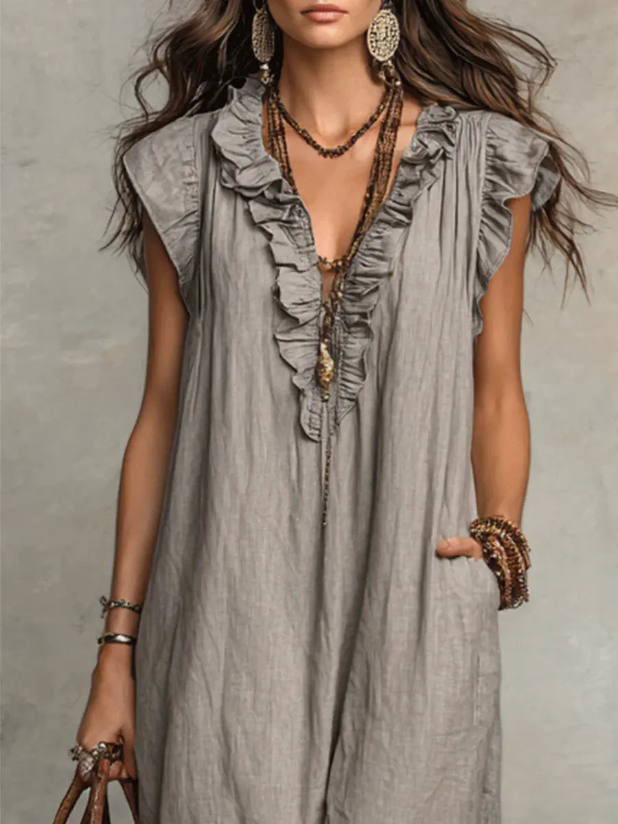 Abito casual da donna in cotone e lino con volant