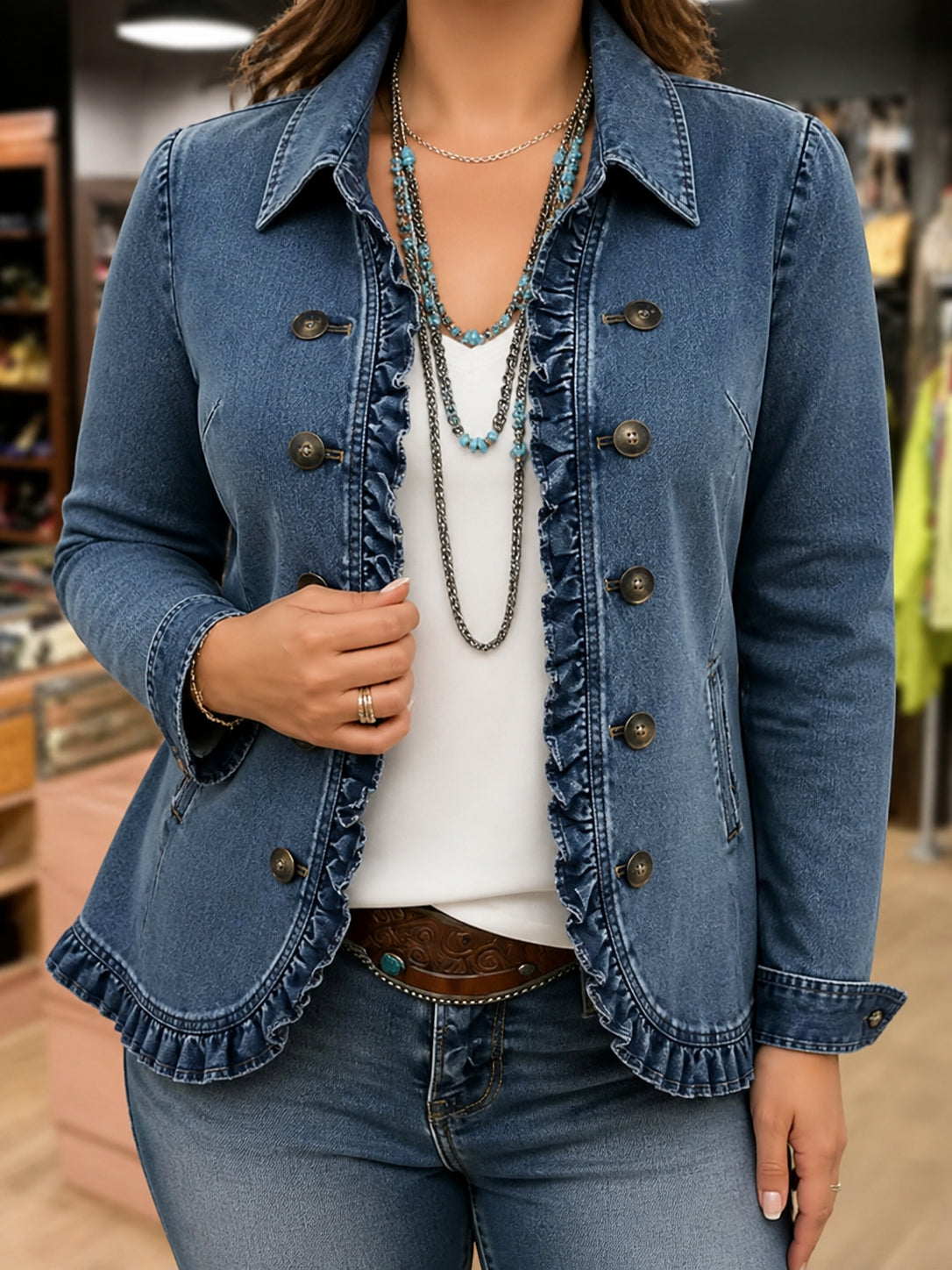 Veste en jean pour femme avec volants - Décontractée et féminine