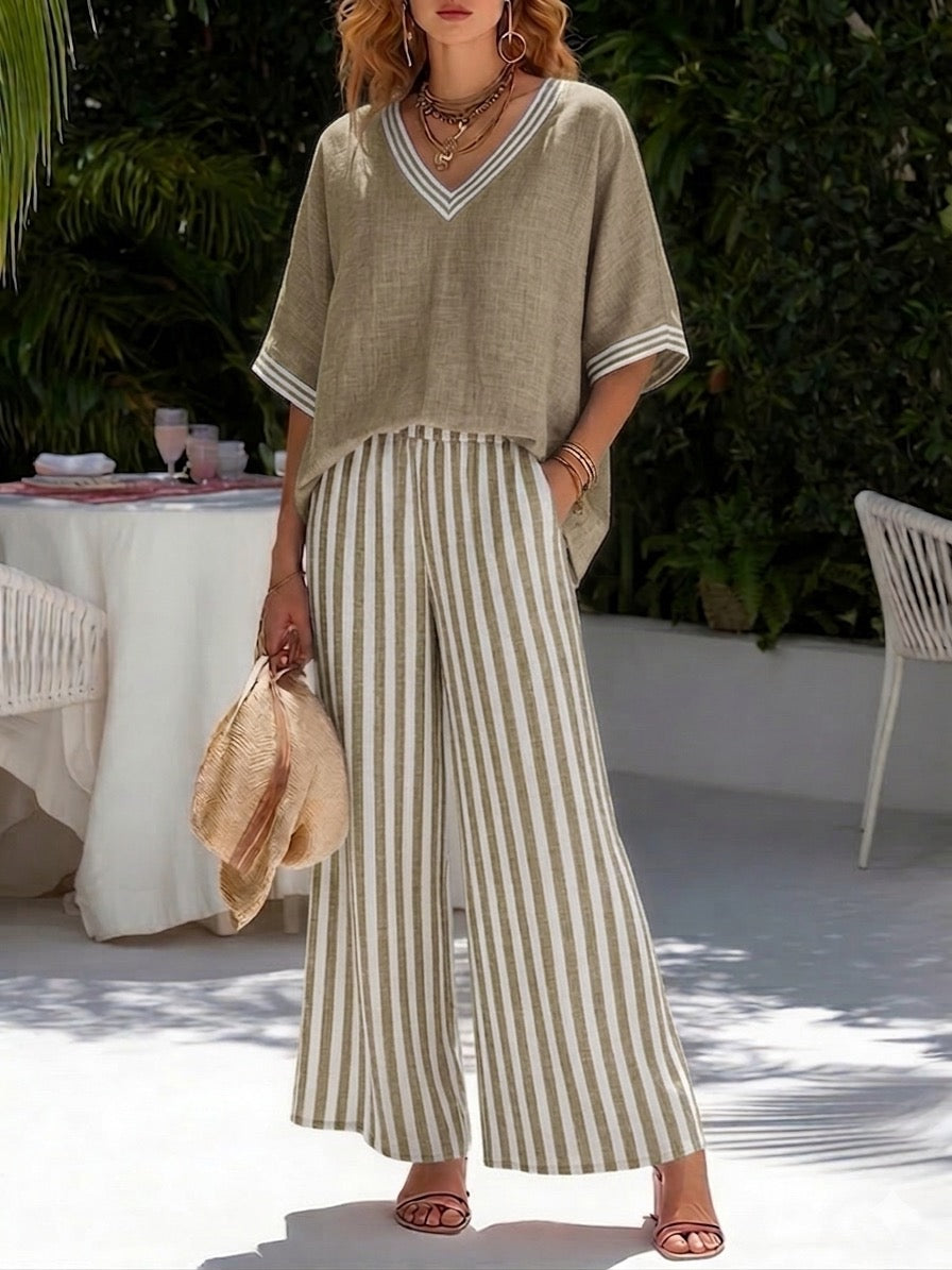 Completo da donna in lino e cotone a righe con top patchwork e pantaloni