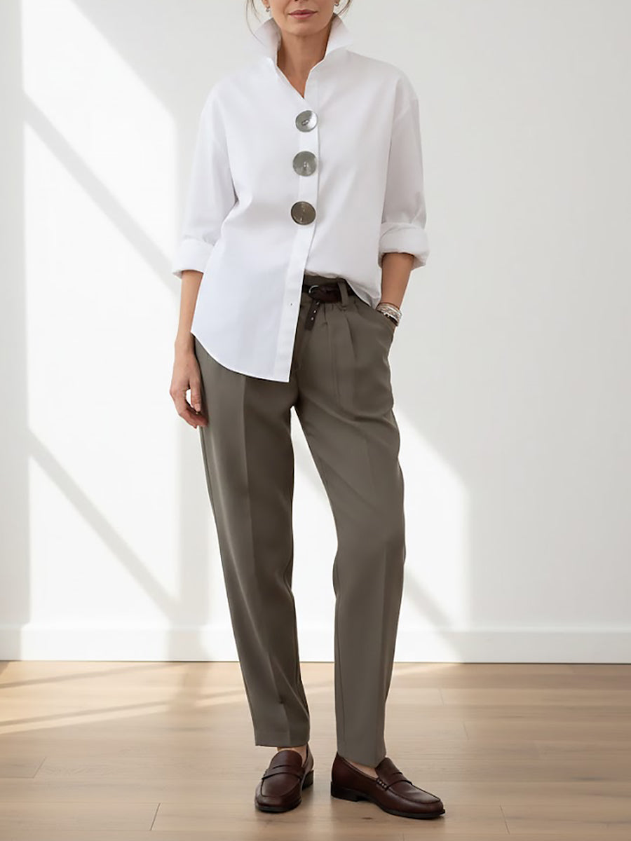 Blusa Donna in Cotone e Lino – Collo Coreano Elegante Stile Casual