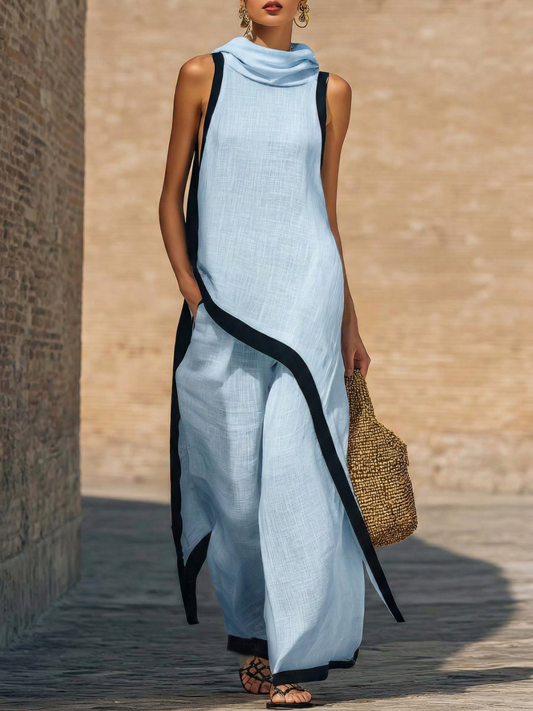 Completo elegante da donna in lino e cotone con finiture artistiche