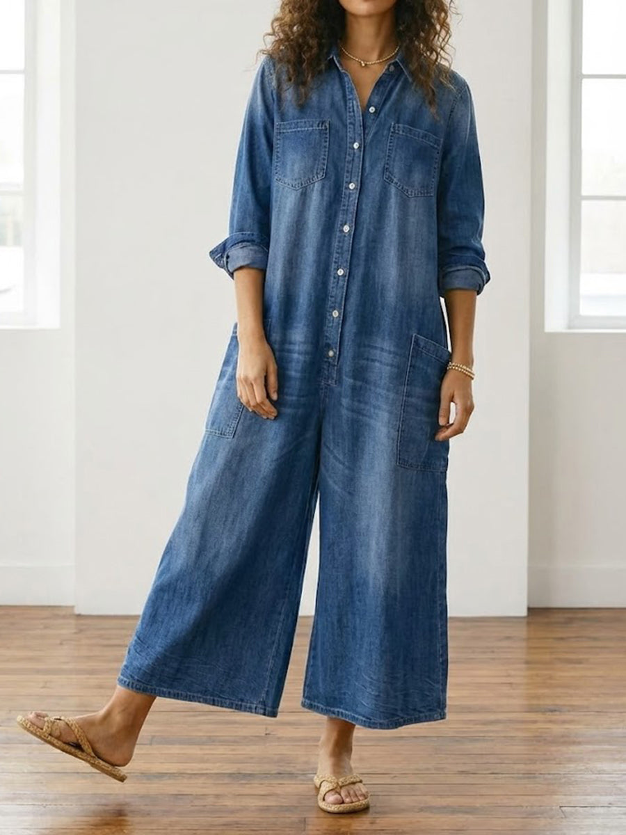 Tuta Donna in Denim Scuro Lavato – Stile Utility Casual con Bottoni
