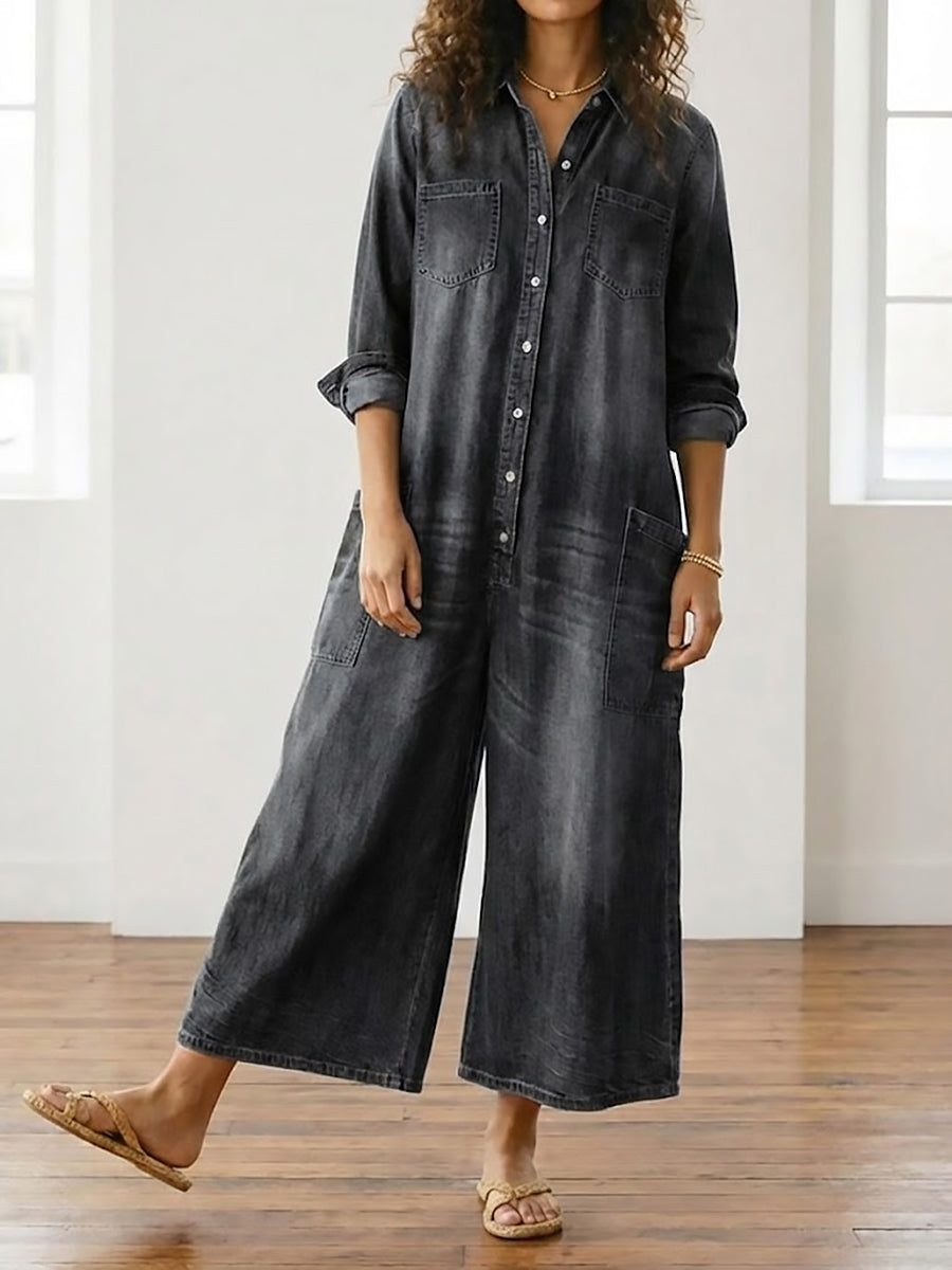 Tuta Donna in Denim Scuro Lavato – Stile Utility Casual con Bottoni