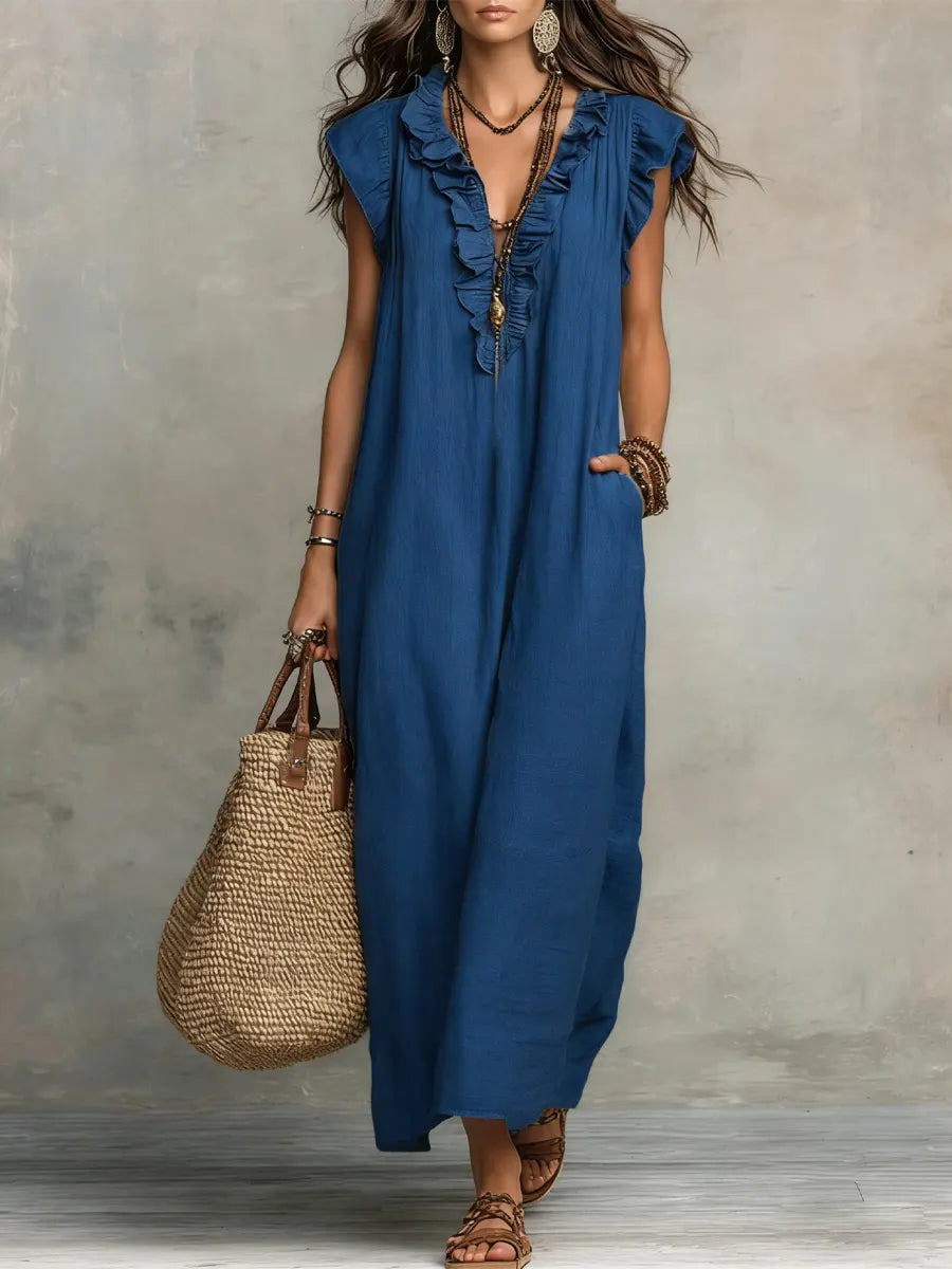 Abito casual da donna in cotone e lino con volant