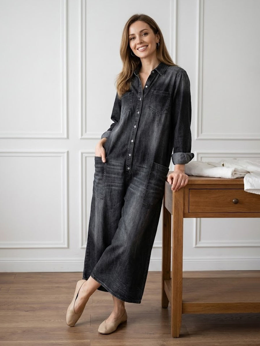 Tuta Donna in Denim Scuro Lavato – Stile Utility Casual con Bottoni