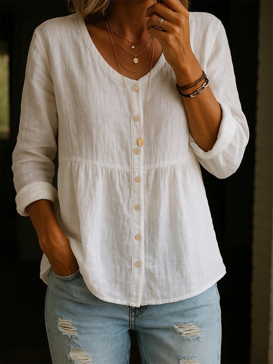 Camicia da donna in misto lino e cotone – Blusa casual ampia con maniche a 3/4 e scollo rotondo